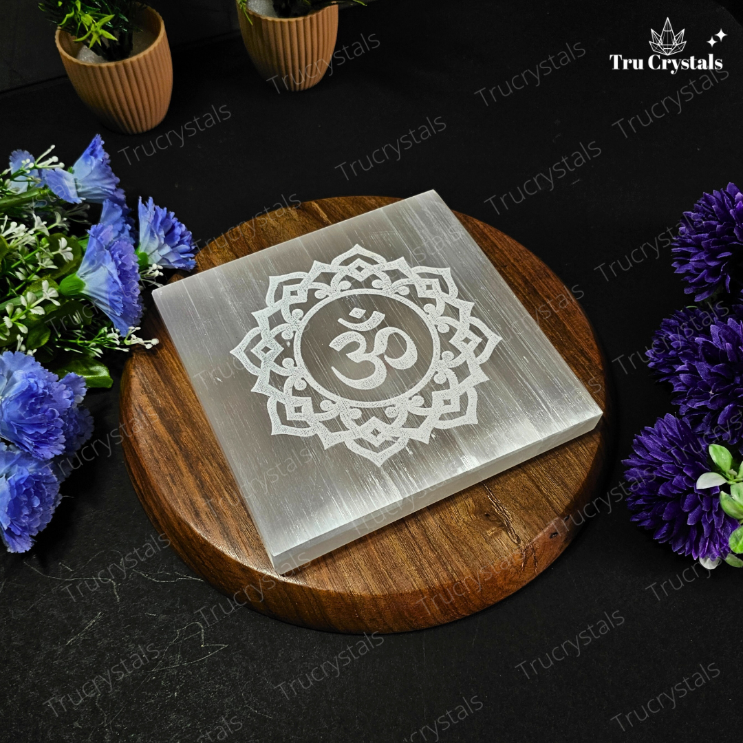 Selenite Om Engraved Plate - 6x6 inch