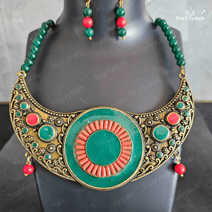 Jade Necklace with Nepali Coral & Brass Pendant