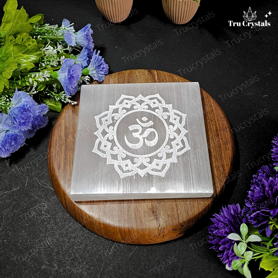 Selenite Om Engraved Plate - 6x6 inch