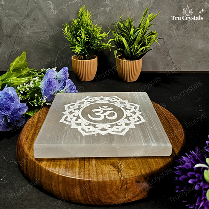 Selenite Om Engraved Plate - 6x6 inch