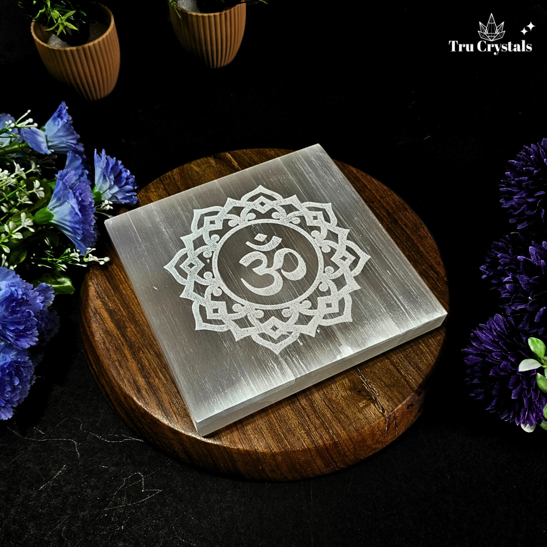 Selenite Om Engraved Plate - 6x6 inch