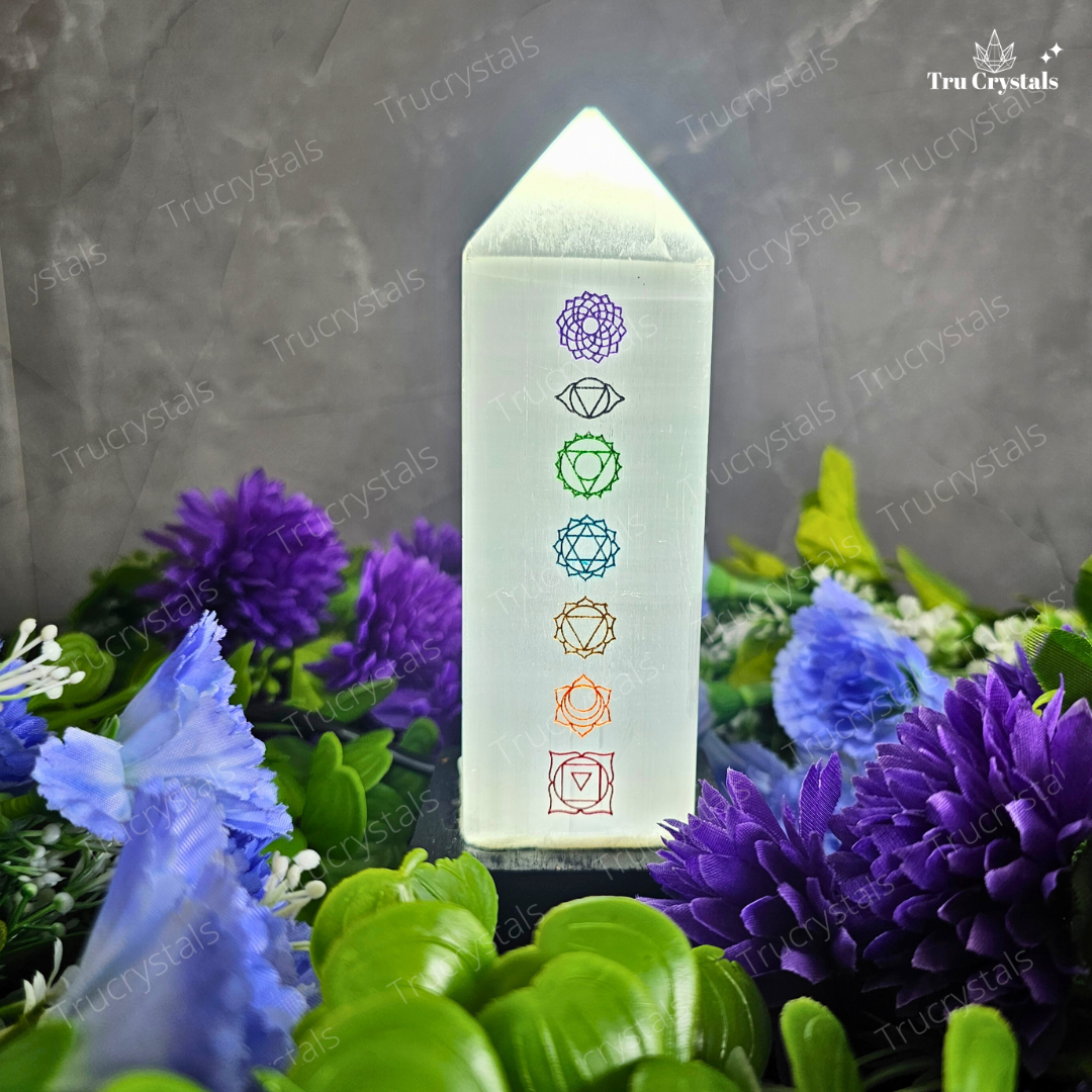 Selenite 7 Chakra Lamp (7 Chakra Engraved)