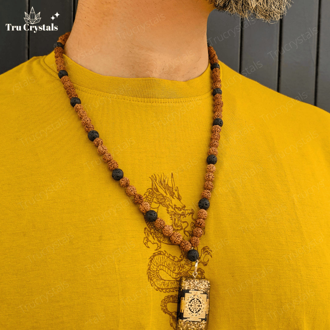 Rudraksha & Black Lava Stone Necklace – Elevate Your Divine Protection