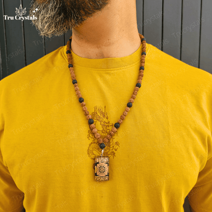 Rudraksha & Black Lava Stone Necklace – Elevate Your Divine Protection