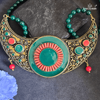 Jade Necklace with Nepali Coral & Brass Pendant