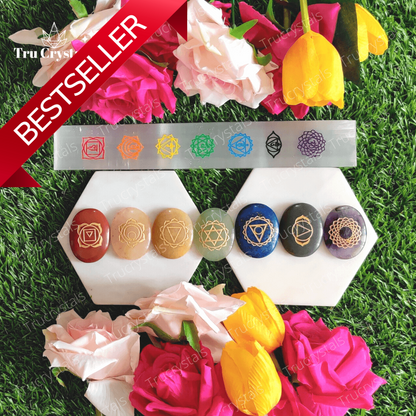 7 Chakra healing stone set with Chakra Selenite charging bar